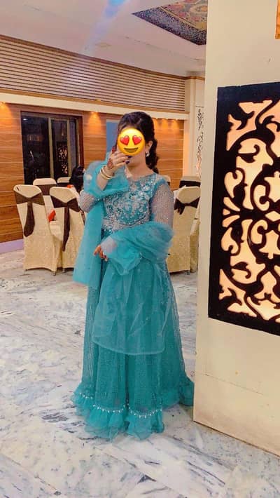 sky blue 2 piece maxi with heavy pearl work