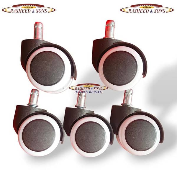 Imported White Revolving Chair Wheel Set (5 Pcs) for Universal Fit – Smooth Rolling Casters