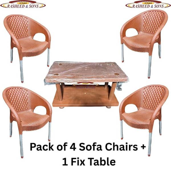 Elegant Woven-Style Rattan Sofa Chair Set with Folding/Fixed Table – 4 Chairs and 1 Table for Indoor or Outdoor Use