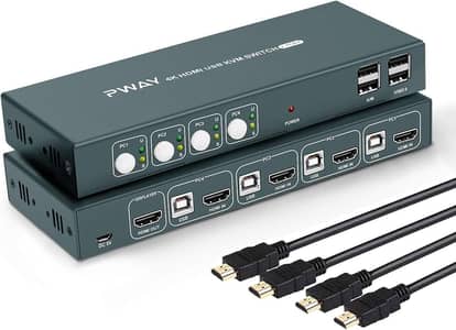 PWAY KVM Switch HDMI 4 In 1 Out Support Up To 4K@30Hz Four Device
