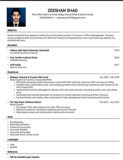 B. Com Graduate I am Experience Cashier/ Account Assistant Looking Job