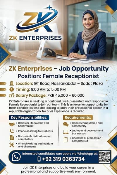 Female Receptionist Required – ZK Enterprises Hassanabdal – 45k-60k