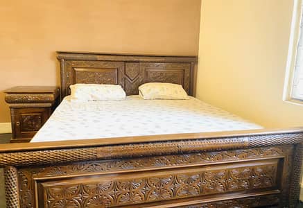Premium King Size Solid Diyar Wood Bed Set with 2 Side Tables