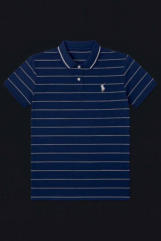 Navy Blue Striped Polo Shirt with Logo - Premium Cotton Casual Polo Tee