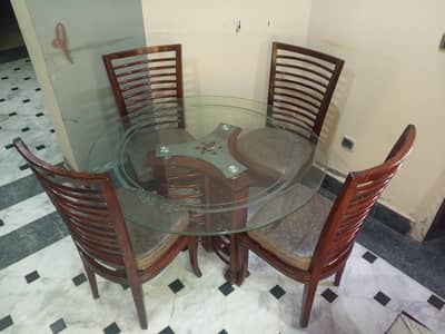 wooden Dining Table with stylish Glass Top & 4 seater Chairs