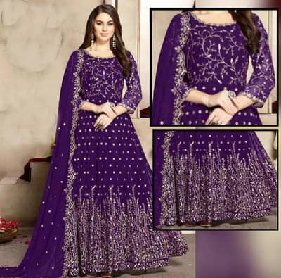 Ladies Chiffon crincle Embroidered Frock PURPLE  FL-70 (Unstitched)
