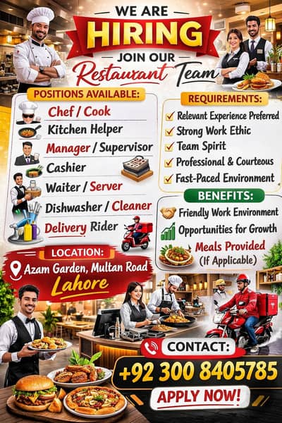 male and female staff required \ Restaurant Jobs Available