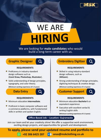 we are hiring Graphic Designer, Embroidery Digitizer, Data Entry