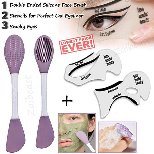 Double-Ended Silicone Face Mask Brush with Stencil Kit for Cat Eye and Smoky Eye DIY
