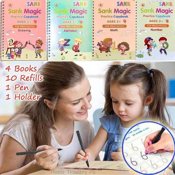 Montessori Sank Reusable Magic Book Set (4 Books + 1 Pen + 1 Grip + 10 Refills)