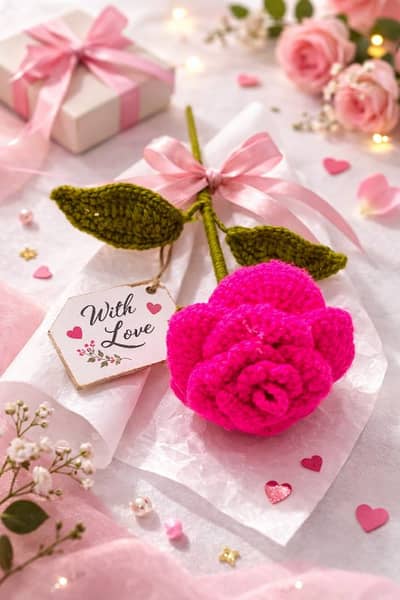 Handmade Crochet Rose – Beautiful Pink Knitted Flower for Gift