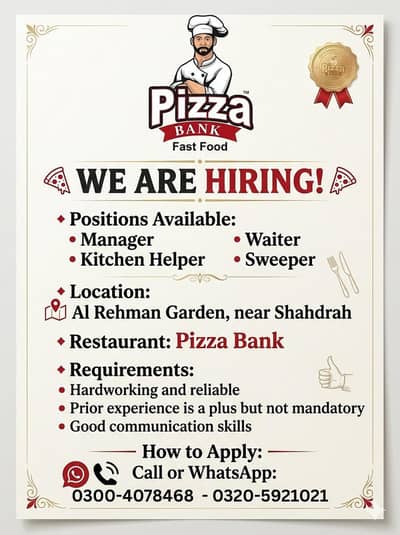 Manager ||  Kitchen Helper || Waiter || Sweeper (Restaurant Jobs)
