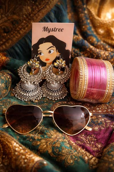 Heavy Jhumka Earrings + Pink Bangles Set + Heart Sunglasses