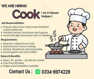 Retired Army Cook Helper Required for House Job / House Jobs