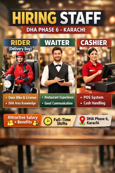 Cashier, waiter, and  Rider