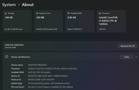 Dell Latitude 5400 – Core i5 8th Gen – 8GB RAM – 256GB SSD – Excellent