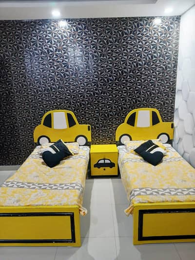 2 single beds with side table and rack