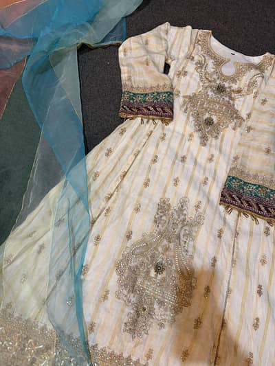 3 PC small size long trending agha Noor frock with organza duppata