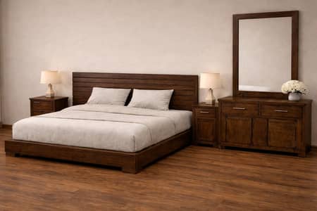 low profile bed  with two side tables dressing table