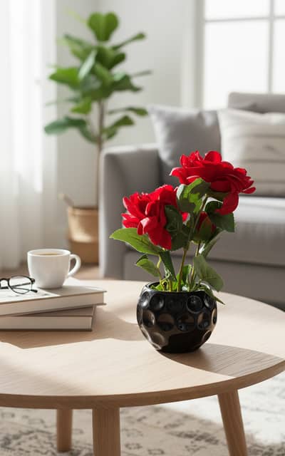 Artificial Mini Rose Plant – Ceramic Black Pot