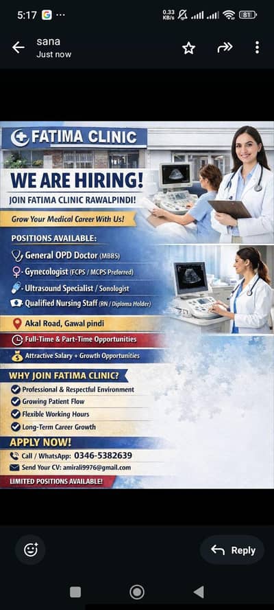 Need gynaecologist urgently in Fatima clinic khanapul Rawalpindi
