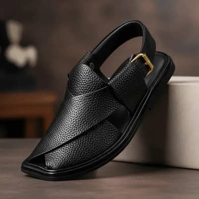 Black PU Leather Peshawari Chappal | Zalmi Design | Men’s Formal