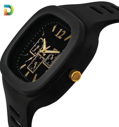 Men Black Silicone Analogue Watch with Gold Accents