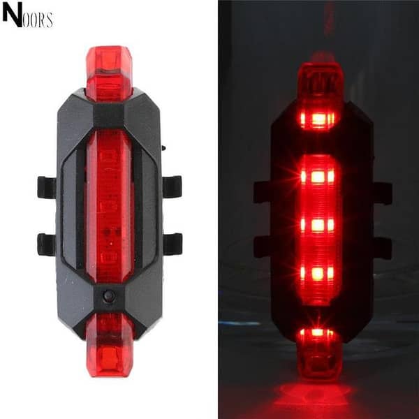 Noor's Portable USB Rechargeable Bicycle Tail Light – 5 LED Rear Safety Light (Red, Blue, White) with Micro-USB
