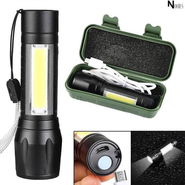 Noor's USB-Charge XPE+COB LED Flashlight Lamp Torch with Clip, 3-Mode Zoom, Built-in Battery, Gift Box