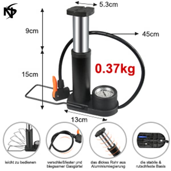Noor Sports High Pressure Foot Air Pump with Gauge — Heavy-Duty Mini Pump for Bicycle, Car, Ball, Scooter & Inflatable Toys