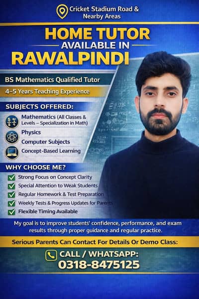 Home Tutor in Rawalpindi/Islamabad -BS-Mathematics|Math, Physics,Comp.