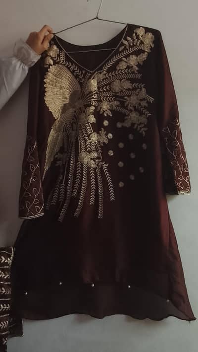 Chocolate Brown 3-Piece Embroidered Dress with Golden & Pearl Work