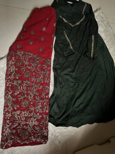 Beautiful bottle green long frock with embroidered Plano