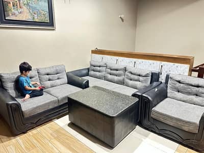 Premium black leather and grey fabric six seater sofa set and