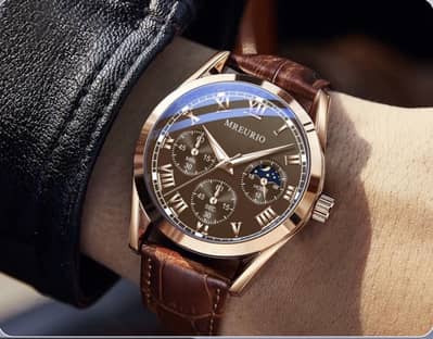 Golden luxury watch with leather strap for men large dial display