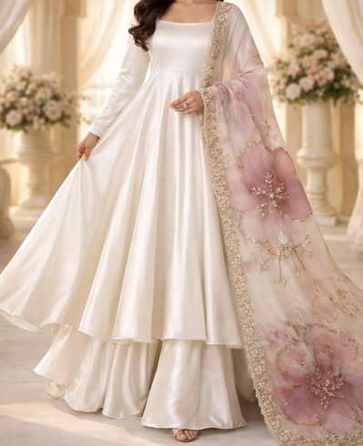 White Maxi Frock with Floral Dupatta – Party Wear / Wedding Dress