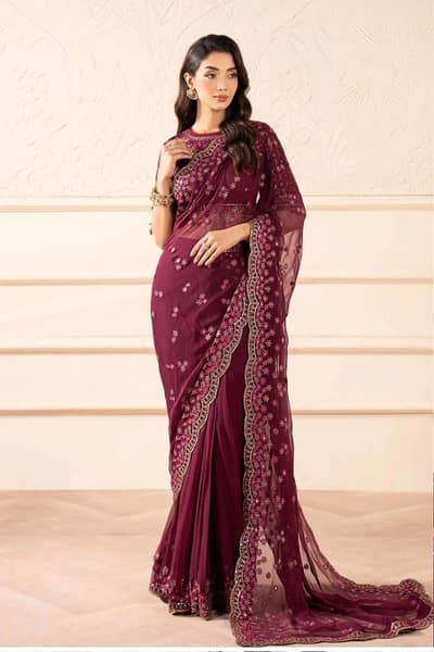 plum chiffon saree . maria b. stitched. . brand new condition