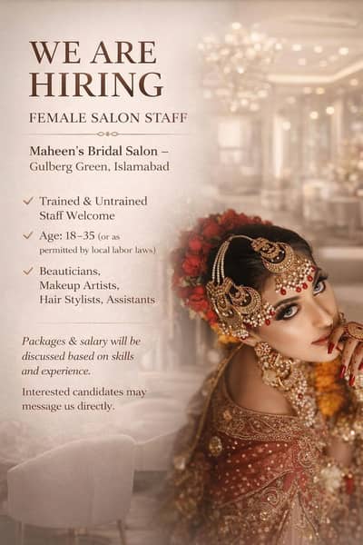 Salon Staff Required ( Makeup , Hair , Skin , and other salon services
