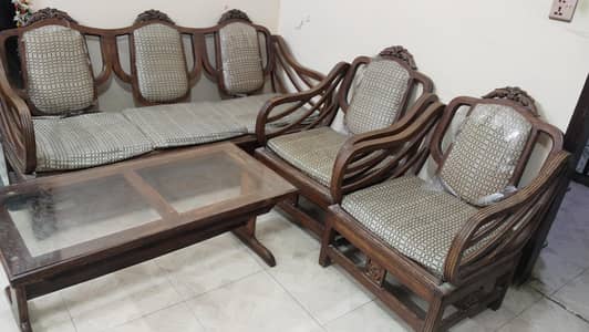 Lakri ka Sofa Set + Glass Table – Good Condition (Negotiable)