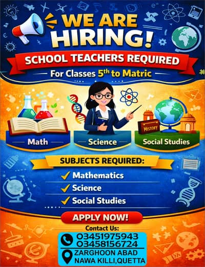 School Teacher required for class 5th to Matric level