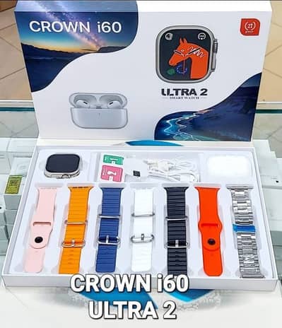 CROWN i60 Ultra 2 Smart Watch + 7 Straps + AirPods | Box Pack