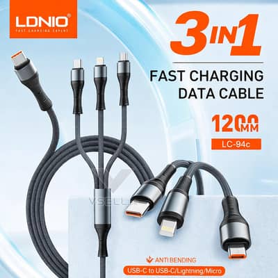 LDNIO LC94C 100W 3in1 Type-C to iP, C, Micro USB Fast Charging Cable