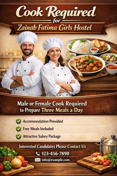 گرلز ہاسٹل جوہر ٹاؤن میں لڑکا یا لڑکی کک چاہیے