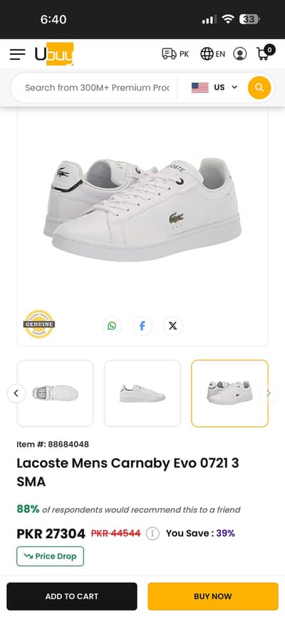 Lacoste Original Sneakers- 41 (Made In Thailand)