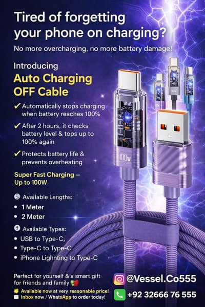 Mobile Charging Cable with Auto Off feature 100w 2meter all types