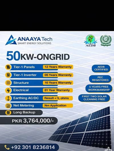 50KW On-Grid Solar System | Tier-1 Panels | Net Metering | Long Backup