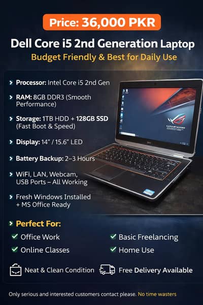 Dell Core i5 2th Gen Laptop | 8GB RAM 1TB HDD  | New | Free Delivery