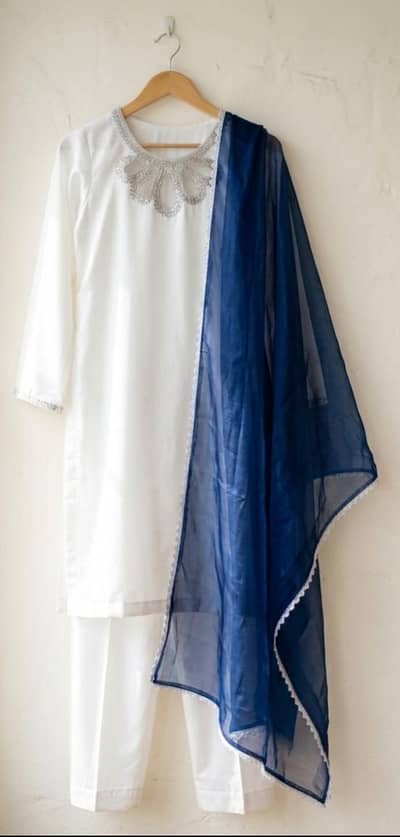 Elegant White Silk Suit with Blue Tissue Dupatta