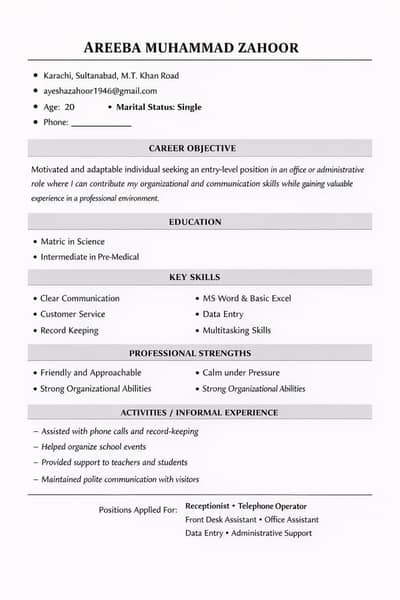 Hello Areeba here Age. 20 Want a job