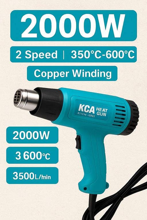 KCA Professional Electric Heat Gun 2000W – Adjustable Hot Air Blower (350°C – 600°C, Dual Speed, Copper Winding Technology)